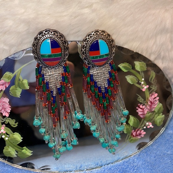 Vintage NWOT Native American Multi Gem Bead Sterling Silver Earrings. - Picture 4 of 5